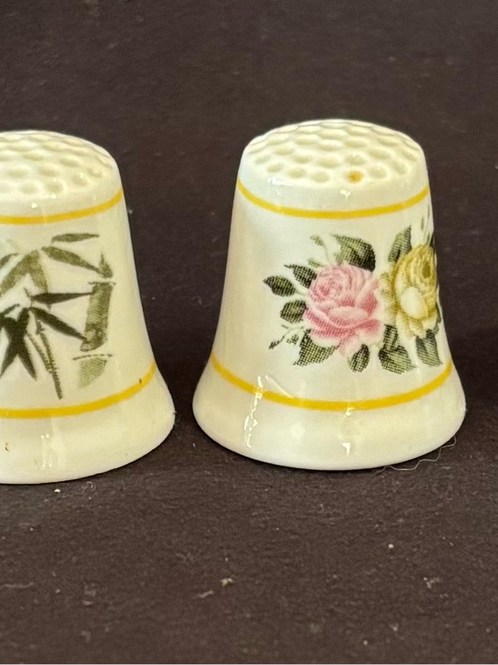 Set of 4 ceramic Floral Thimbles Pair Yellow Trim